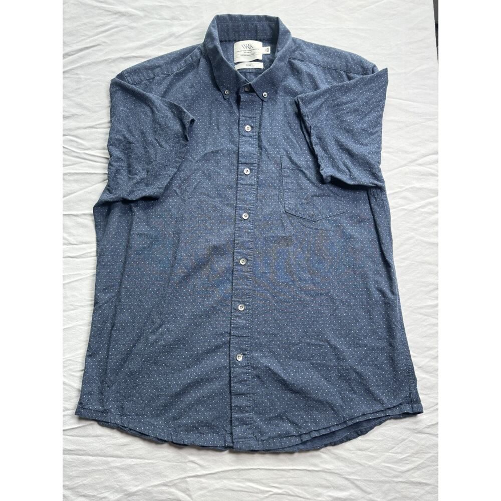WRK Work Rest Karma Slim Button Shirt Blue Dot Cotton XL Short Sleeve Casual - Picture 7 of 10